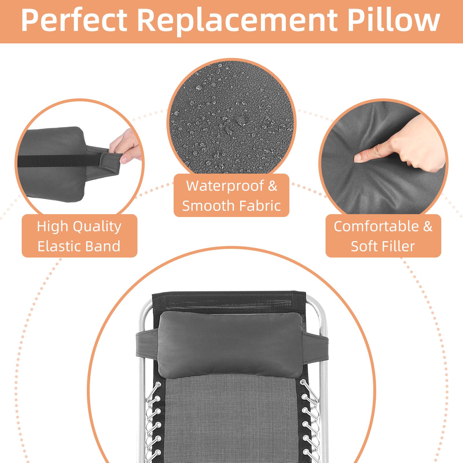 AkiiGer Chair Replacement Pillow, Generic Removable Headrest Neck Pillow for Zero Gravity Chair/Reclining Lounge Chair, with Elastic Band, Softer and More Elastic Filler & Smoother Surface Cloth