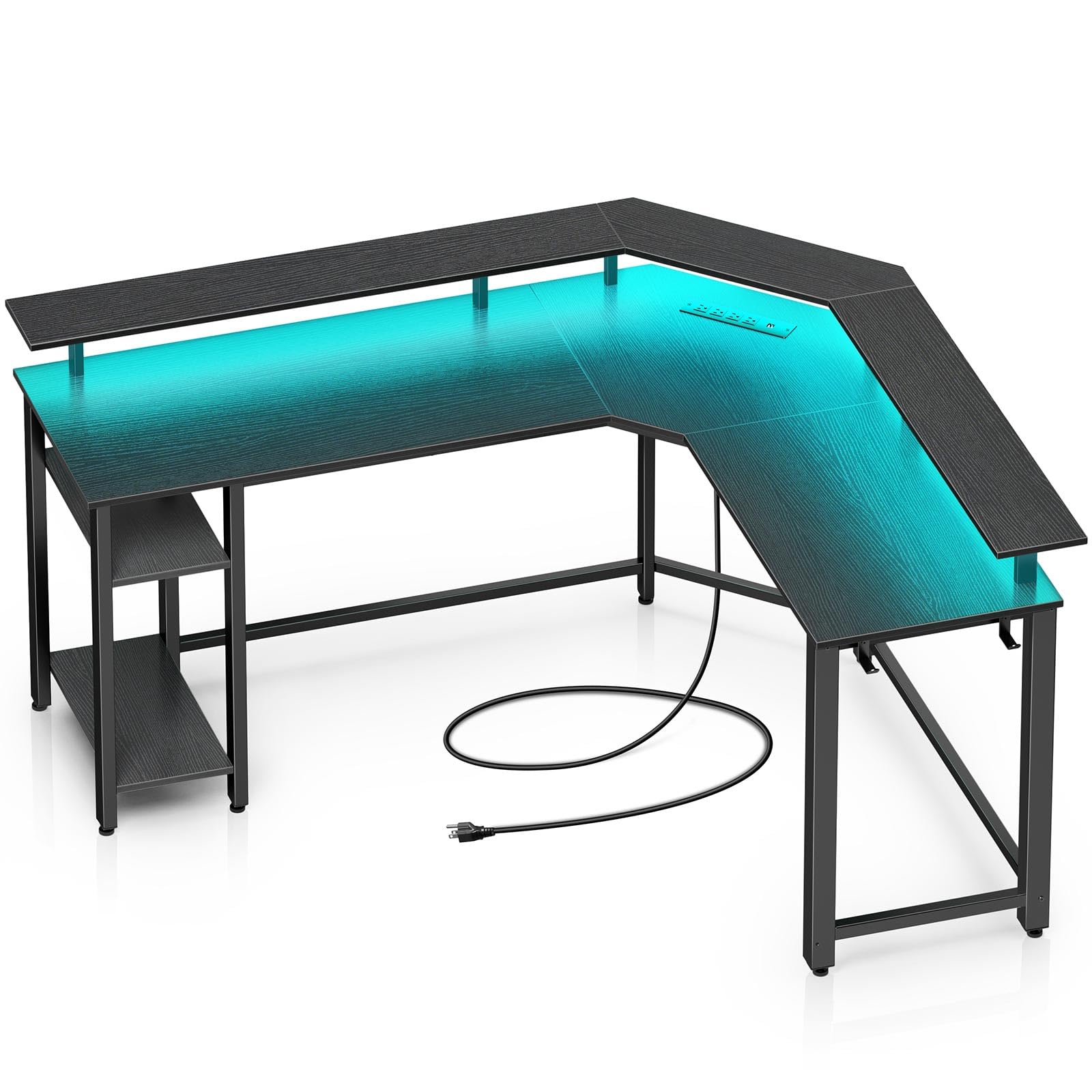 Rolanstar L Shaped Gaming Desk with LED Lights & Power Outlets, 46.2" Computer Desk with Full Monitor Stand & Storage Shelf, Corner Desk with Hooks, Black Desk Reversible