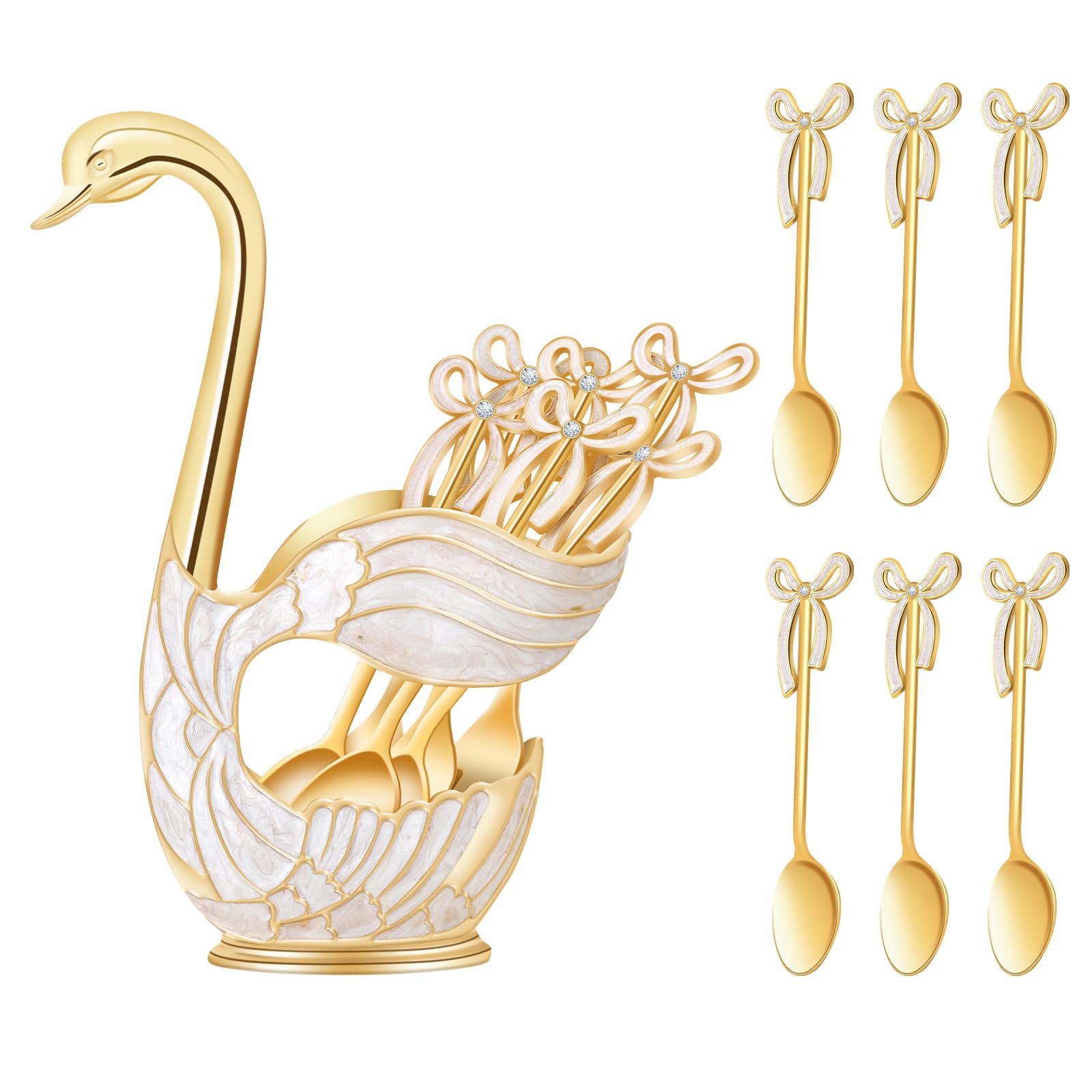 Gold Swan Base Holder,Table Decorative Swan Dessert Spoons Organizer Base Spoons Holder with 6pcs Coffee Spoon set,Elegant Gold Dessert Spoons,Premium Zinc Alloy Swan Base Spoon Organizer (Gold)