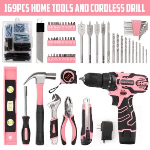 COMOWARE 12V Pink Cordless Drill Home Tool Kit, Pink Drill Set for Women, Lady's Home Repairing Tool Kit Hand Tool Set for DIY Large-Capacity Tool Storage Bag Included