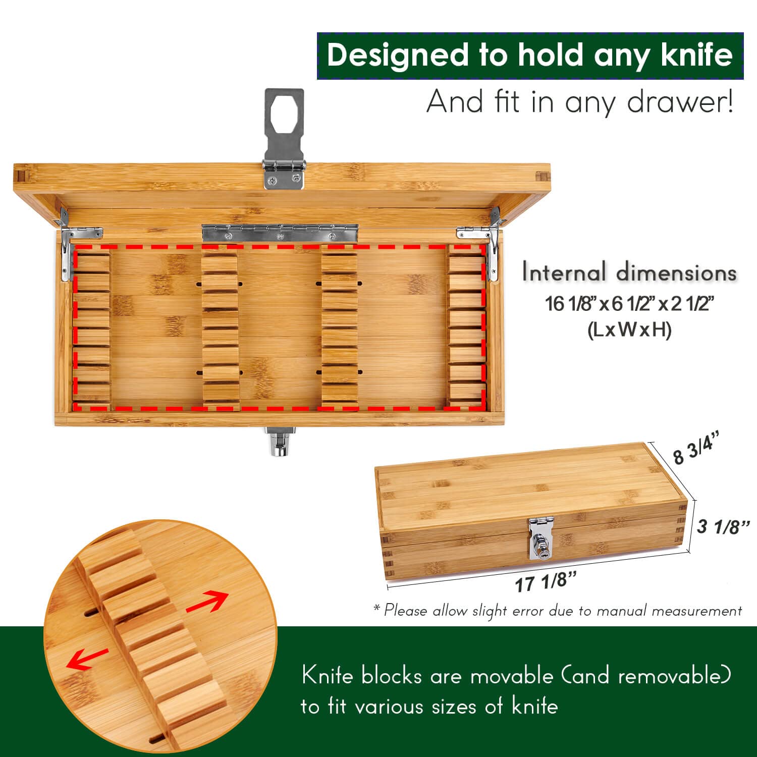 Bamboo Kitchen Knife Holder Lock Box - Knife Drawer Organizer Lockable Storage Box with Lock and Key to Keep Kids Safe from Sharp Knives. Multi Purpose Safe Box (Knives Not Included) (Extra Large)