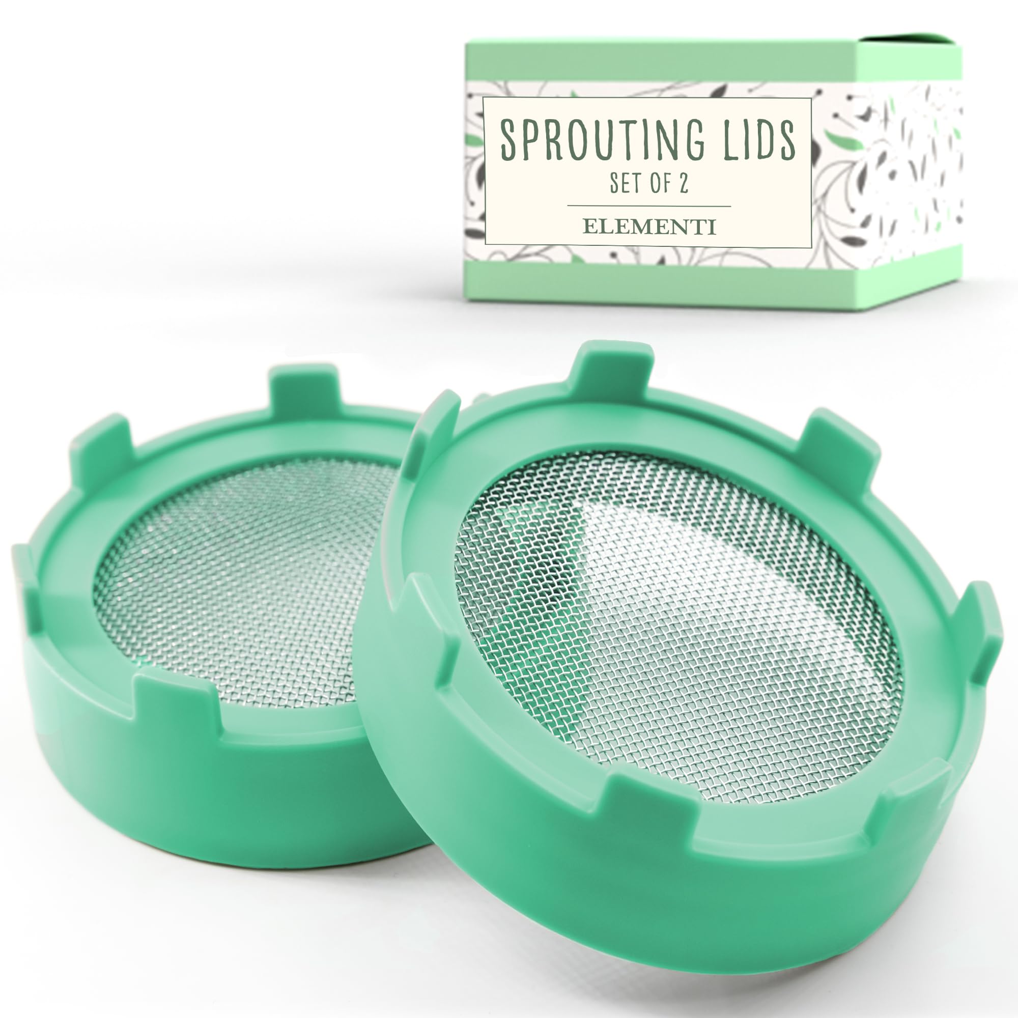 Elementi Sprouting Lids for Wide Mouth Mason Jars (Set of 2), Sprouting Jar Kit for Organic Sprouts, Alfalfa & Mung Bean Sprouts Grow Kit, 316 Stainless Steel Mesh Screen Strainer Lid (Mint Green)