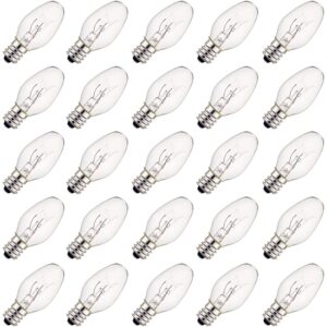 25 pack clear night light bulbs, 7 watt salt lamp light replacement bulbs, plug-in incandescent night light bulbs, e12 candelabra base, 120 volt