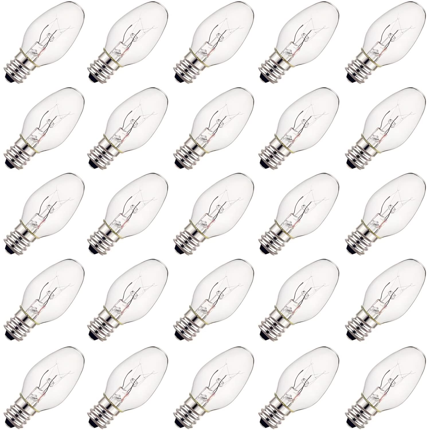 25 Pack Clear Night Light Bulbs, 7 Watt Salt Lamp Light Replacement Bulbs, Plug-in Incandescent Night Light Bulbs, E12 Candelabra Base, 120 Volt