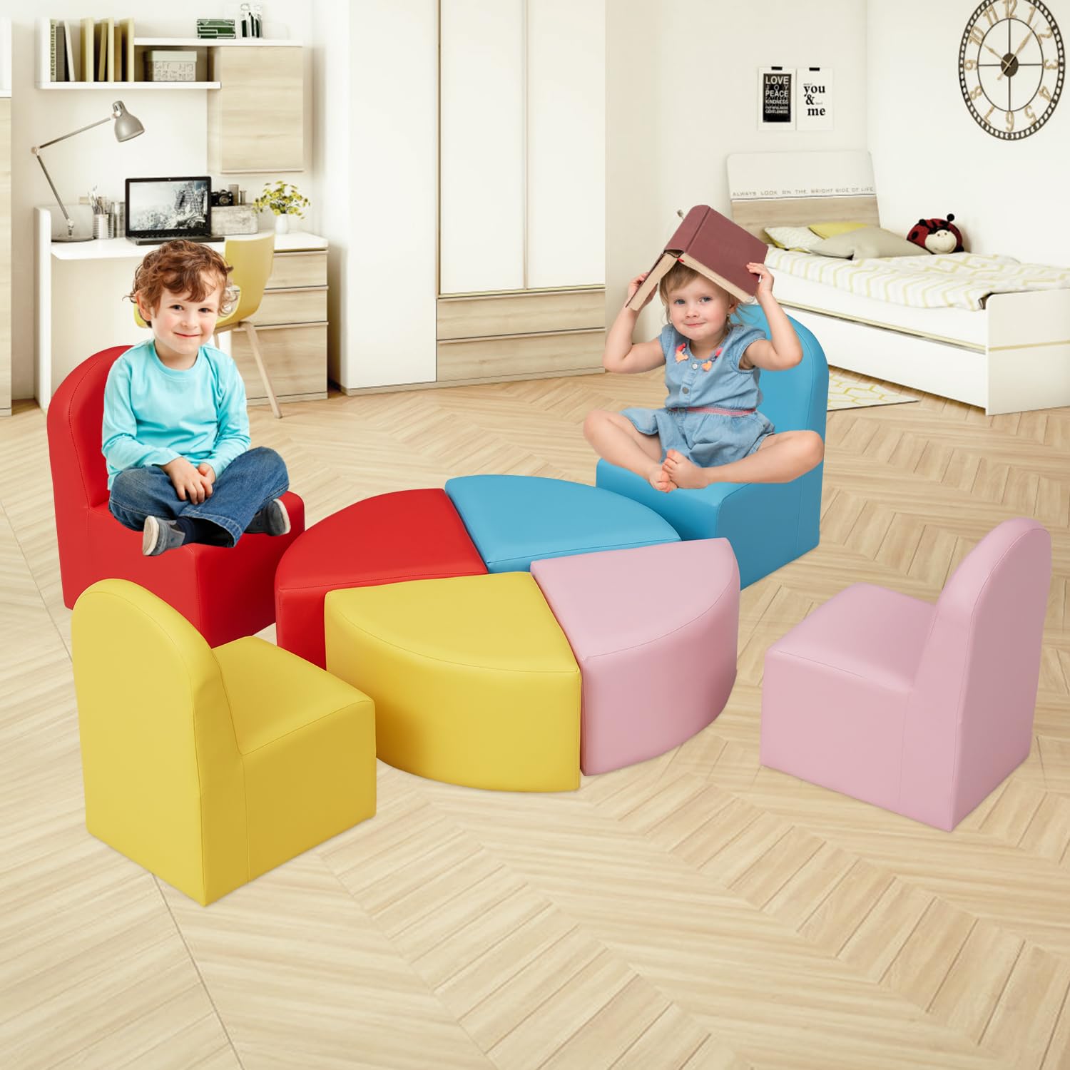 Kinsunny 8 PCs Kids Sofa Seating Set - Colorful Stools Cartoon Leather Chair for Toddlers Soft Foam Play Kids sectional Sofa Chair for Classroom Kindergarten Library Playroom