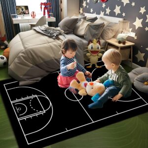 Black Basketball Floor Home Decor Print Large Area Rugs for Teen Boy Kids Bedroom, Non-Skid Rubber Back Indoor Floor Carpet Yoga Mat Living Room Bedroom Play Room Mat