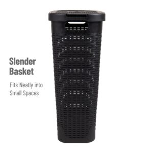 Mind Reader 40L Slim Laundry Hamper, Clothes Basket, Lid, Wicker Design, Plastic, 18"L x 10.4"W x 23.5"H, Set of 6, Black