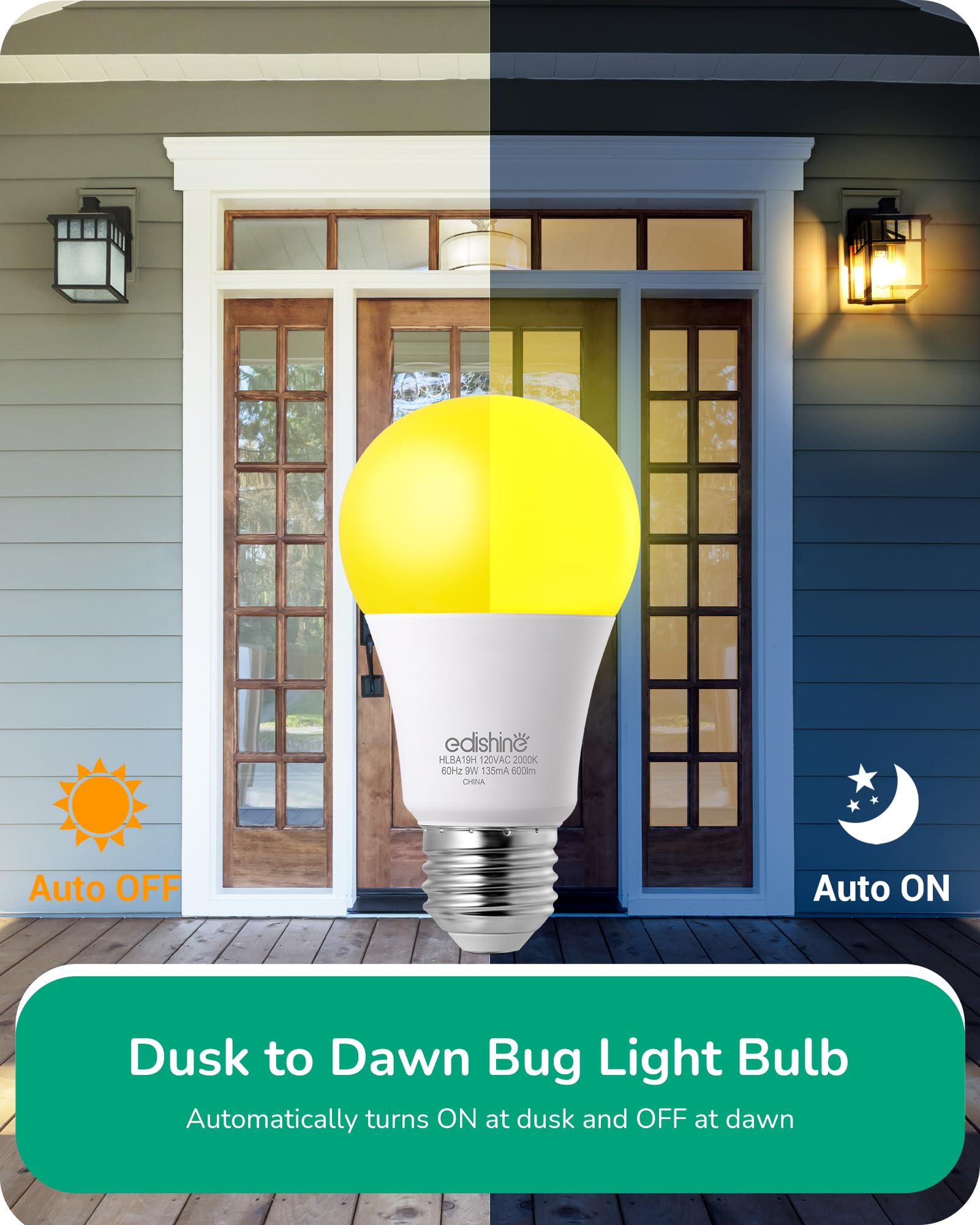 EDISHINE Dusk to Dawn Bug Light Bulbs Outdoor, 2000K Amber Glow Outdoor LED Light Bulb, Automatic On/Off, Yellow Light Bulb, 600LM, 9W(60W Equivalent), E26 Base, 4 Pack, UL Listed