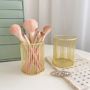 Stephanie Imports Set of 3 Metal Wire Pencil Cup or Makeup Brush Holder Organizer (Gold Bar Pattern)