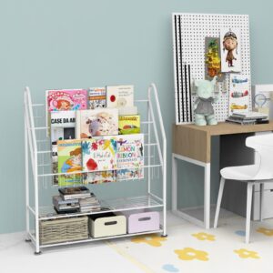 Azheruol Kids Bookshelf Freestanding for Children Room 32 Inches White Metal Bookcase Large Capacity Books Toys Organizer Stable 5 Tiers Kids Book Rack for Playroom Bookstore Library.