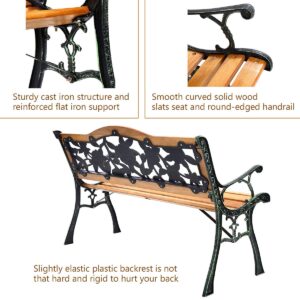 S AFSTAR Outdoor Garden Bench, Patio Bench with Large Rose Cast Backrest & Comfort Wood Seat, 470 LBS Load Capacity, Weather Proof, Durable, Easy to Assemble