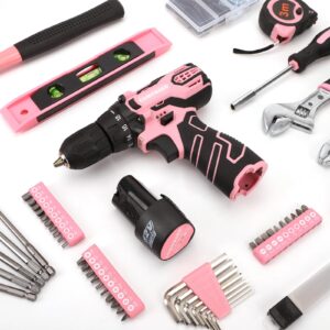 COMOWARE 12V Pink Cordless Drill Home Tool Kit, Pink Drill Set for Women, Lady's Home Repairing Tool Kit Hand Tool Set for DIY Large-Capacity Tool Storage Bag Included