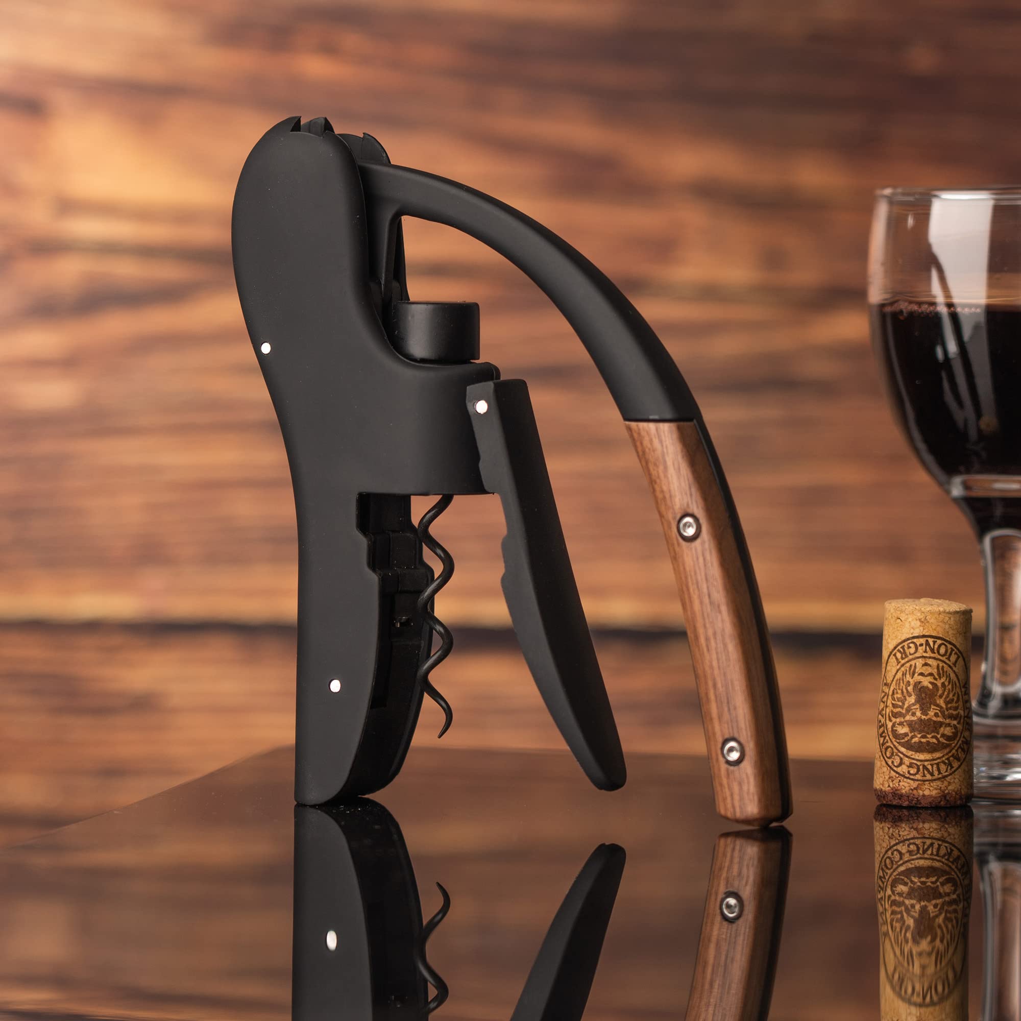 Wine Opener,Compact Vertical Corkscrew Wine Bottle Opener with Wood Handle and Built-in Foil Cutter,Wine Key for Servers and Bartenders，Gifts