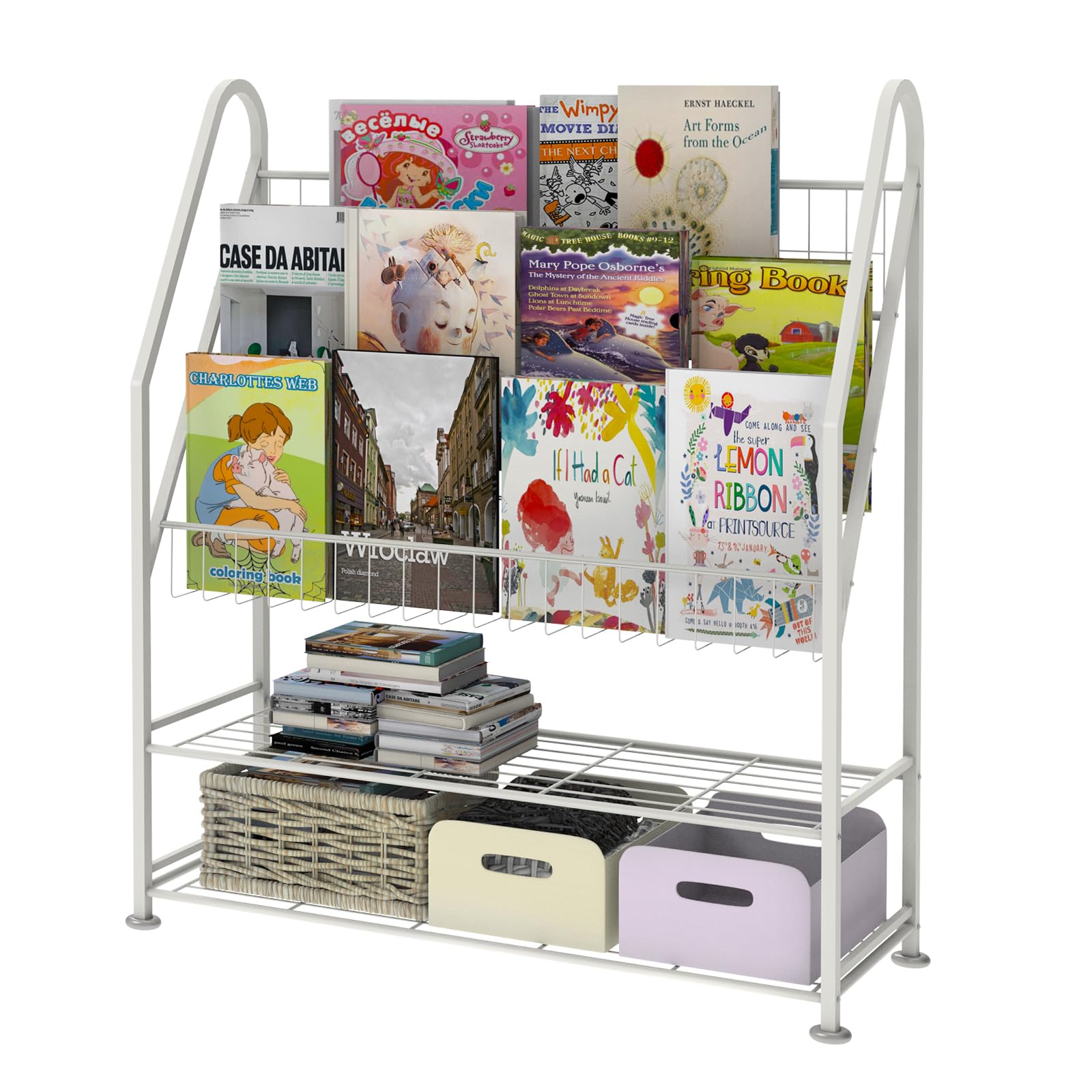 Azheruol Kids Bookshelf Freestanding for Children Room 32 Inches White Metal Bookcase Large Capacity Books Toys Organizer Stable 5 Tiers Kids Book Rack for Playroom Bookstore Library.