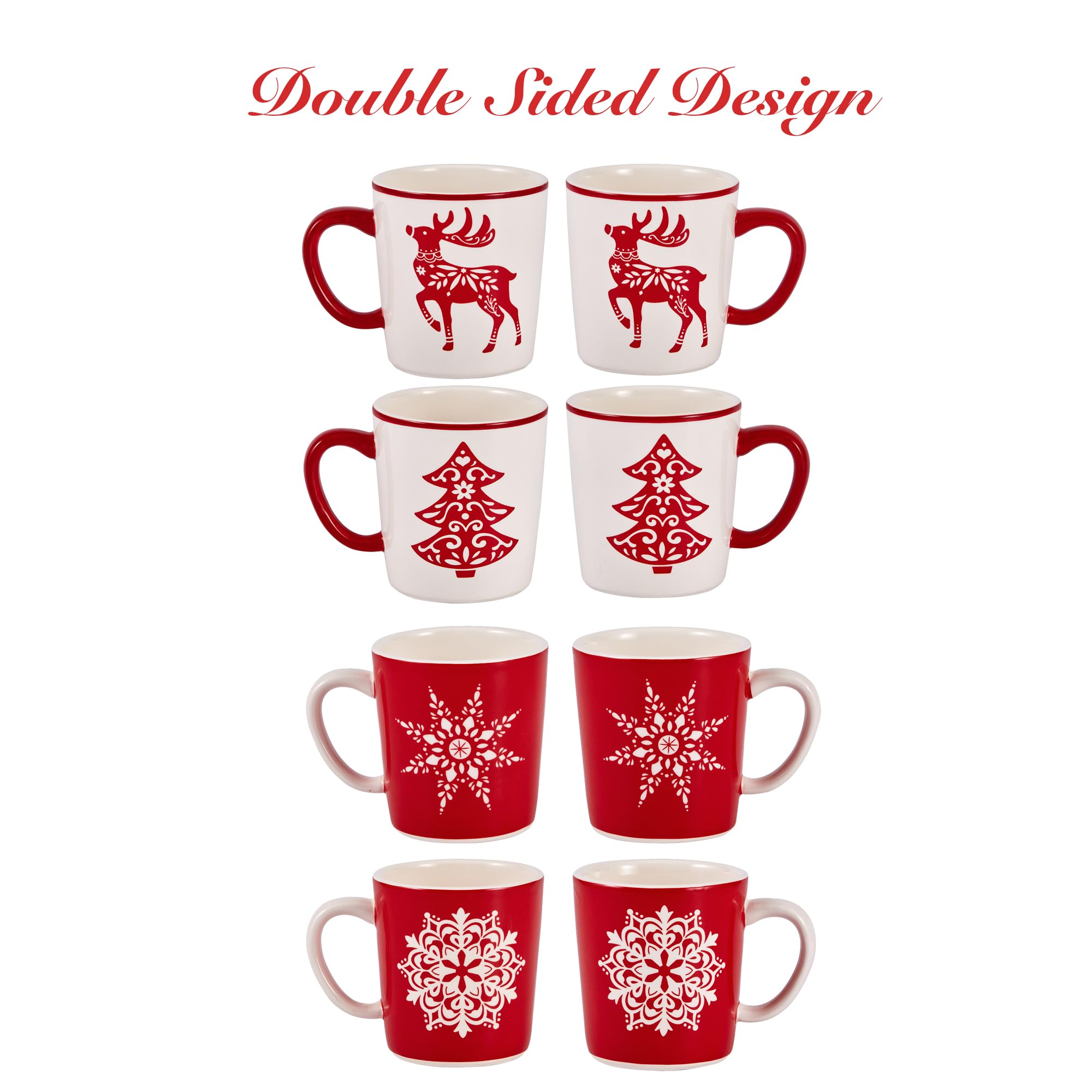 Bico Holly Jolly Ceramic Mugs, Set of 4, for Coffee, Tea, Drinks, Microwave & Dishwasher Safe