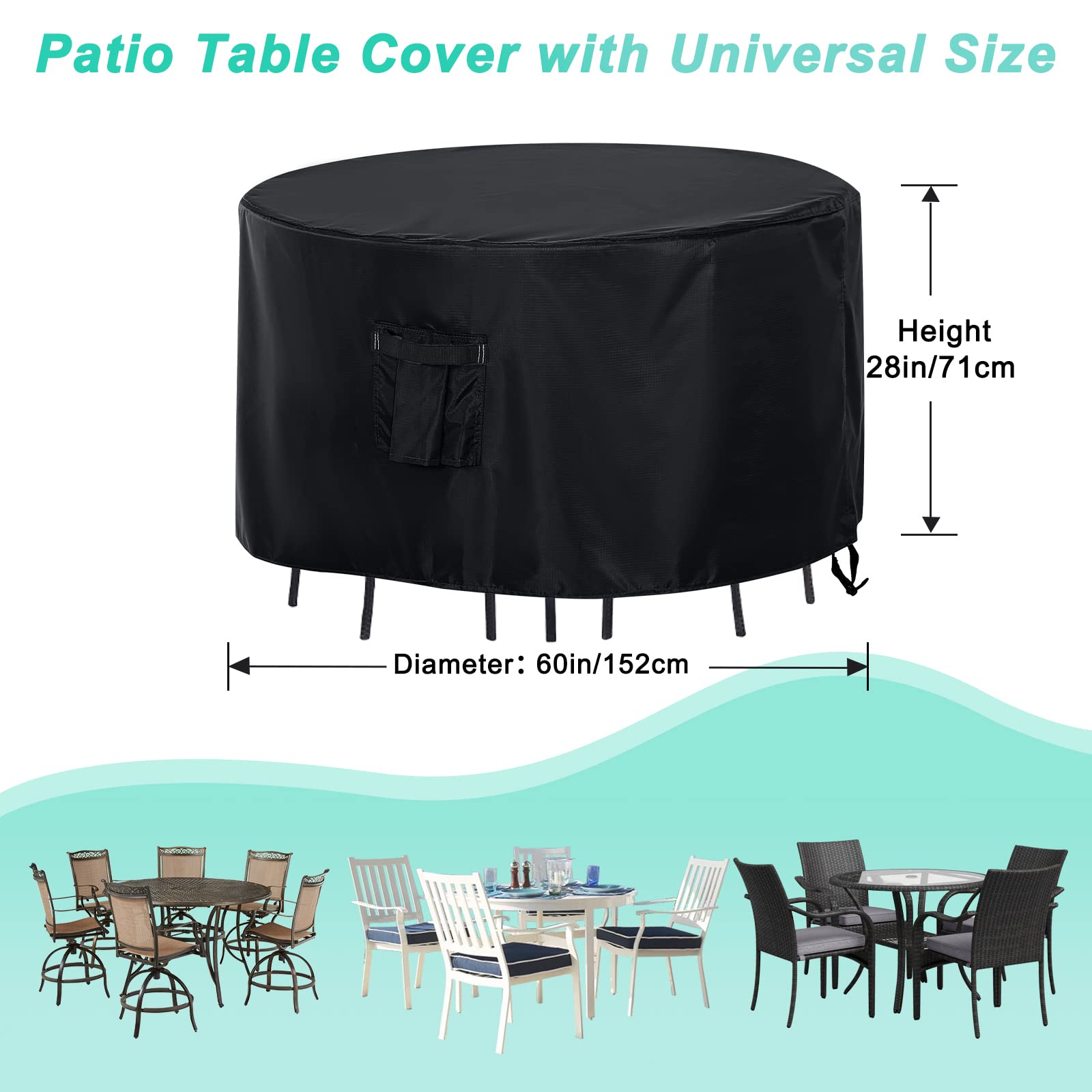 ABCCANOPY Table Cover Round Table Cover Outdoor Furniture Cover Furniture Waterproof and Dustproof Windproof Tear Resistance UV Resistance Universal Furniture Table Cover 60Dx28 InchesBlack