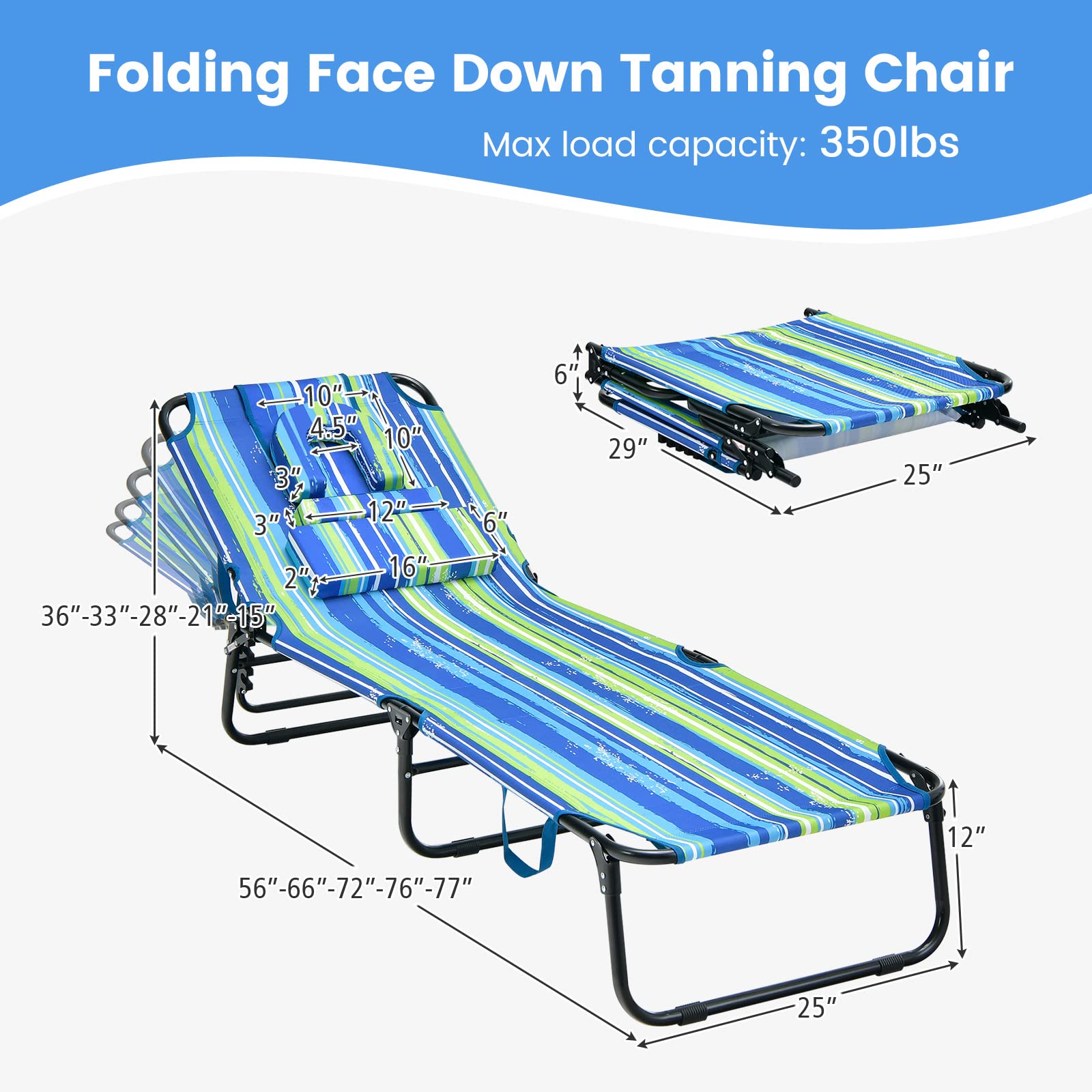 Tangkula Beach Lounge Chair, Folding Sunbathing Recliner with Face Hole, Face Down Tanning Chair with 5-Level Adjustable Backrest & 3 Removable Pillows, Chaise Lounge Chair for Patio (1, Stripe)