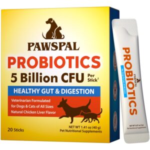 probiotics for dogs and cats, 5 billion cfu, veterinarian formulated, digestive & immune health, gut flora balance, all natural probiotic powder, chicken liver flavor, 20 sticks