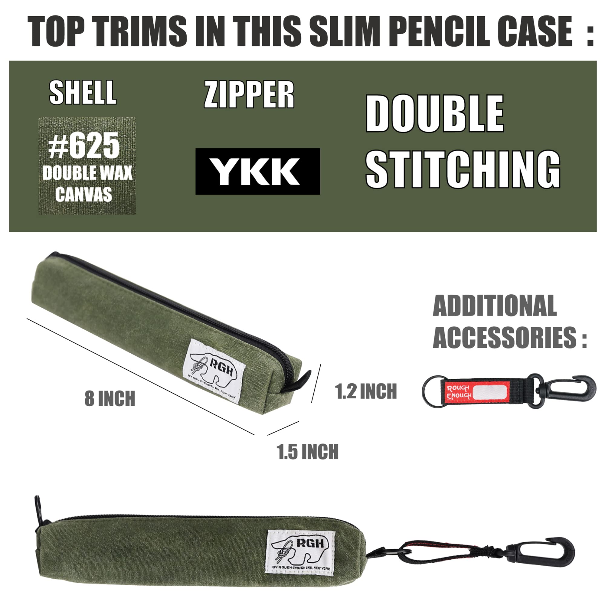 Rough Enough Small Pencil Pouch Pen Case for Boys Girls Adults with Aesthetic Slim Thin design School Stationary Art Supplies Canvas Army Green