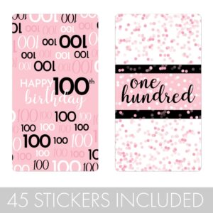 DISTINCTIVS Pink, Black, and White 100th Birthday Party Mini Candy Bar Wrappers - 45 Count - Pink Birthday Decorations for Women