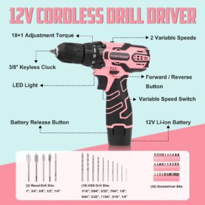 COMOWARE 12V Pink Cordless Drill Home Tool Kit, Pink Drill Set for Women, Lady's Home Repairing Tool Kit Hand Tool Set for DIY Large-Capacity Tool Storage Bag Included