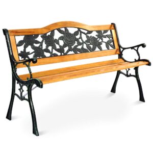 S AFSTAR Outdoor Garden Bench, Patio Bench with Large Rose Cast Backrest & Comfort Wood Seat, 470 LBS Load Capacity, Weather Proof, Durable, Easy to Assemble