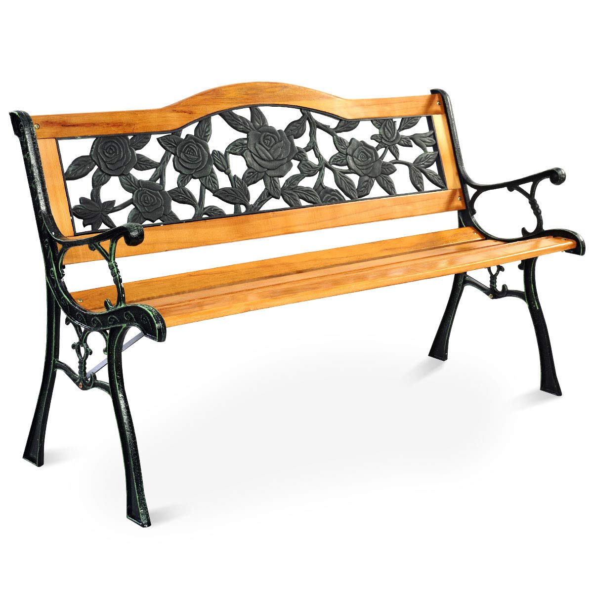 S AFSTAR Outdoor Garden Bench, Patio Bench with Large Rose Cast Backrest & Comfort Wood Seat, 470 LBS Load Capacity, Weather Proof, Durable, Easy to Assemble