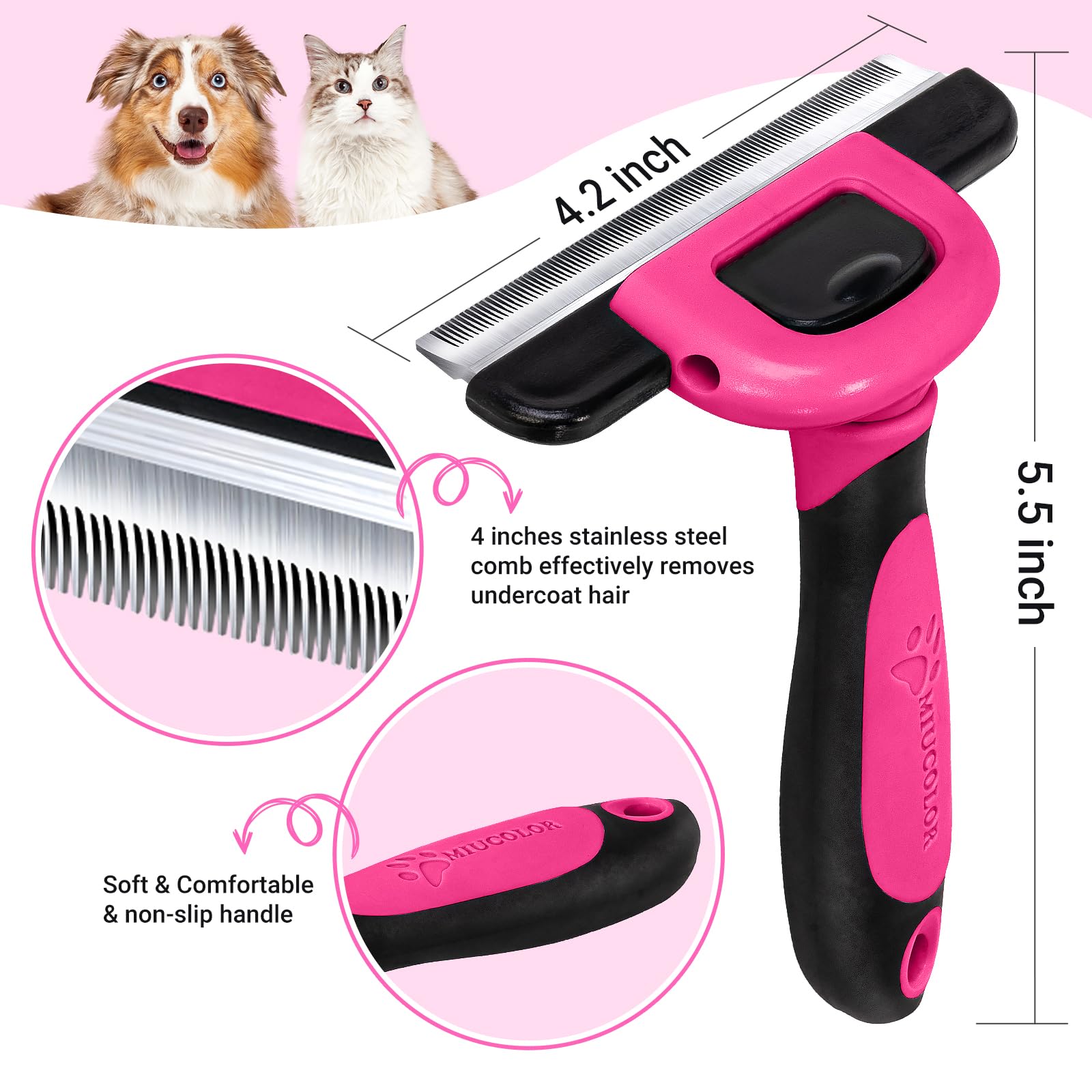 MIU COLOR Pet Grooming Brush, Deshedding Tool for Dogs & Cats, Effectively Reduces Shedding by up to 95% for Short Medium and Long Pet Hair, Hot Pink