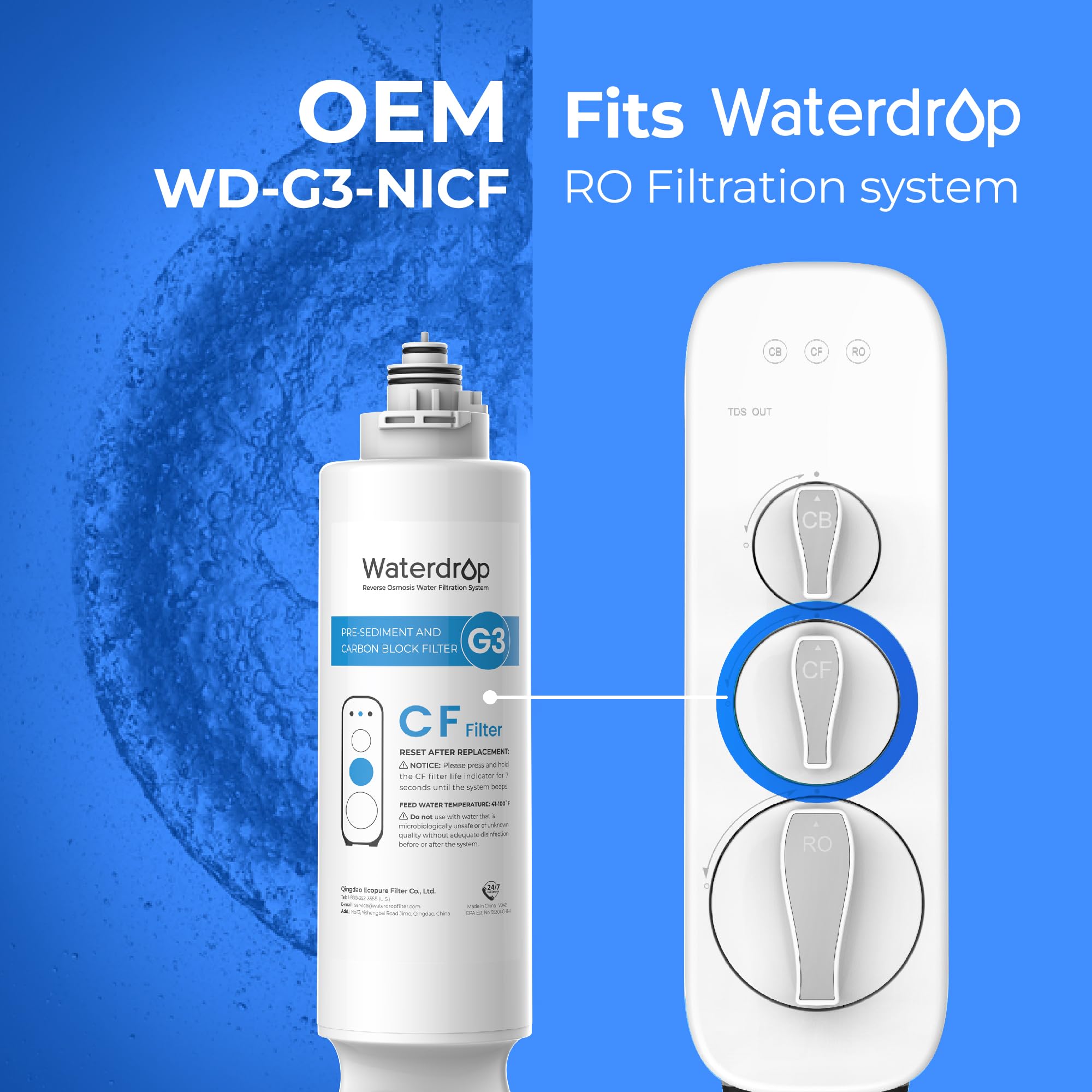 Waterdrop WD-G3-CF Filter, Replacement for WD-G3-W, WD-G3P600 and WD-G3P800-W Reverse Osmosis System, 6-month Lifetime, 2-Pack