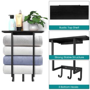 ELITEROO Towel Holder for Bathroom Wall, Towel Rack with Shelf and Hooks, Hanging Towel Organizer for Small Bathroom Storage, Wooden Rolled Towel Shelf for RV, Camper, Black