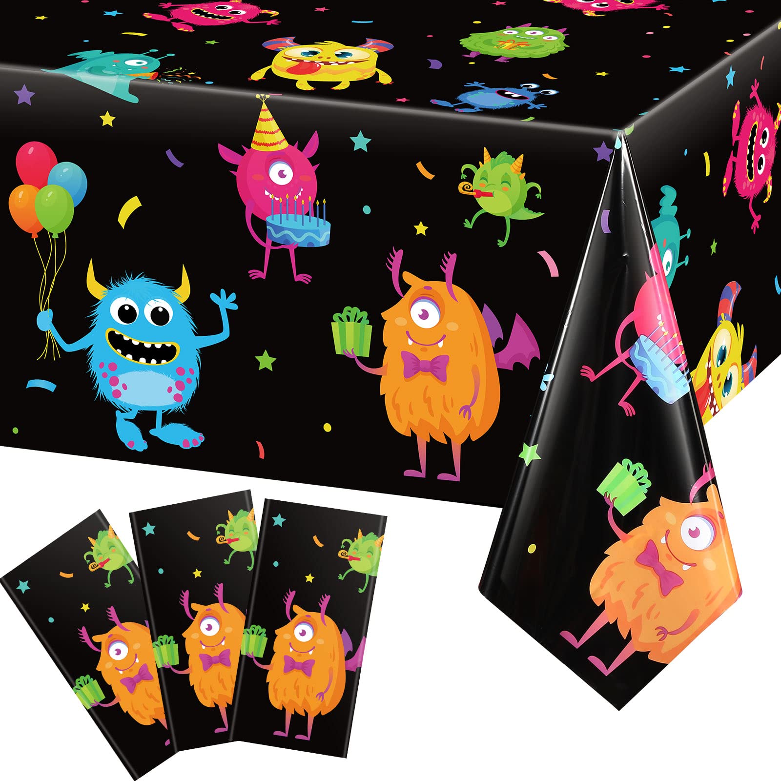 Buryeah 3 Pieces Monster Party Table Covers Plastic Little Monster Table Cloths Monster Birthday Party Tablecloth for Kids Boys Birthday Party Decoration Supplies, 54 x 108 Inch