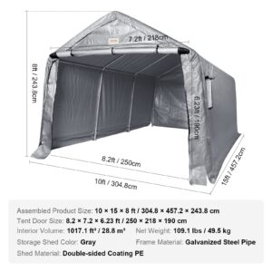 VEVOR Outdoor Portable Storage Shelter Shed, 10x15x8ft Heavy Duty Instant Garage Tent Canopy Carport with Roll-up Zipper Door and Ventilated Windows for Cars, Motorcycle, Bike, Garden Tools