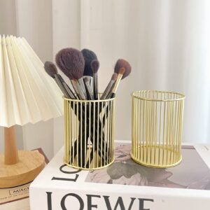 Stephanie Imports Set of 3 Metal Wire Pencil Cup or Makeup Brush Holder Organizer (Gold Bar Pattern)