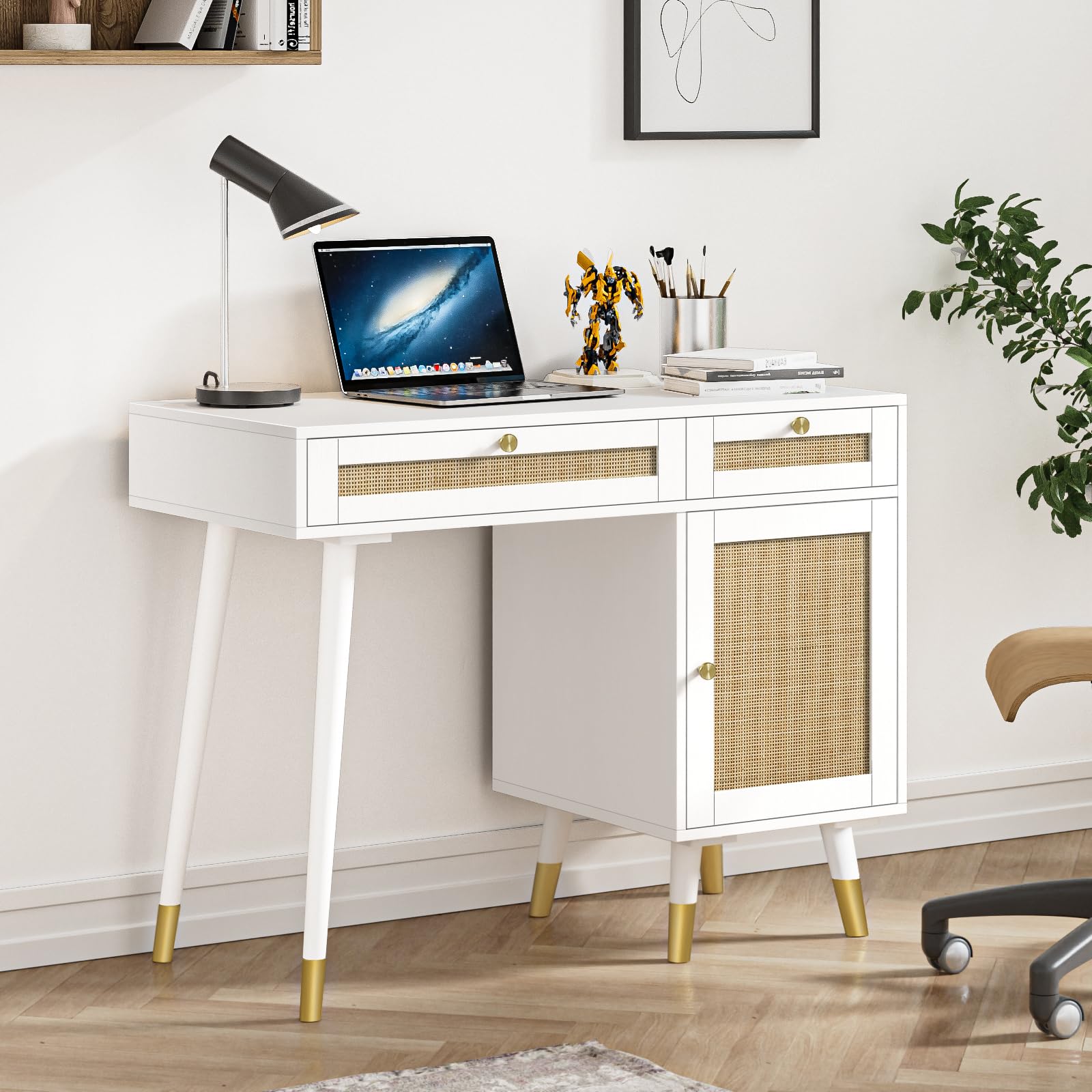 Anmytek Rattan Vanity Desk with Drawers and Storage, White Makeup Vanity Table Modern Home Office Desk Computer Desk for Study D0006