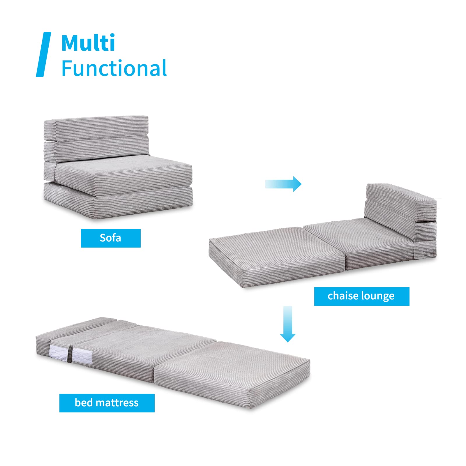 Mjkone Folding Floor Sofa Couch, Convertible Futon Sofa Bed with Memory Foam, 3 in 1 Foldable Couch Bed, Pull Out Sleeper Sofa for Living Room/Apartment/Office (Gray, Single)