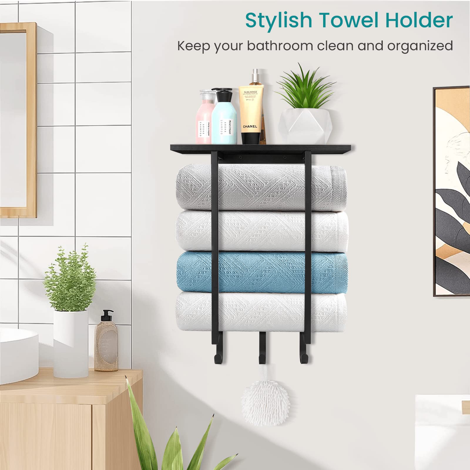 ELITEROO Towel Holder for Bathroom Wall, Towel Rack with Shelf and Hooks, Hanging Towel Organizer for Small Bathroom Storage, Wooden Rolled Towel Shelf for RV, Camper, Black