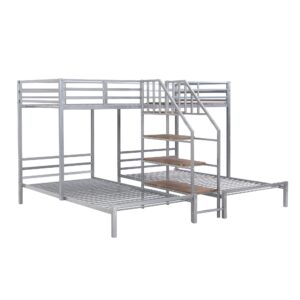 Bellemave Triple Bunk Bed with Storage Stairs Twin Over Two Twin Bunk Beds Metal Bunk Bed for 3 Kids with Storage Shelf for Three Boys Girls Teens, Silver