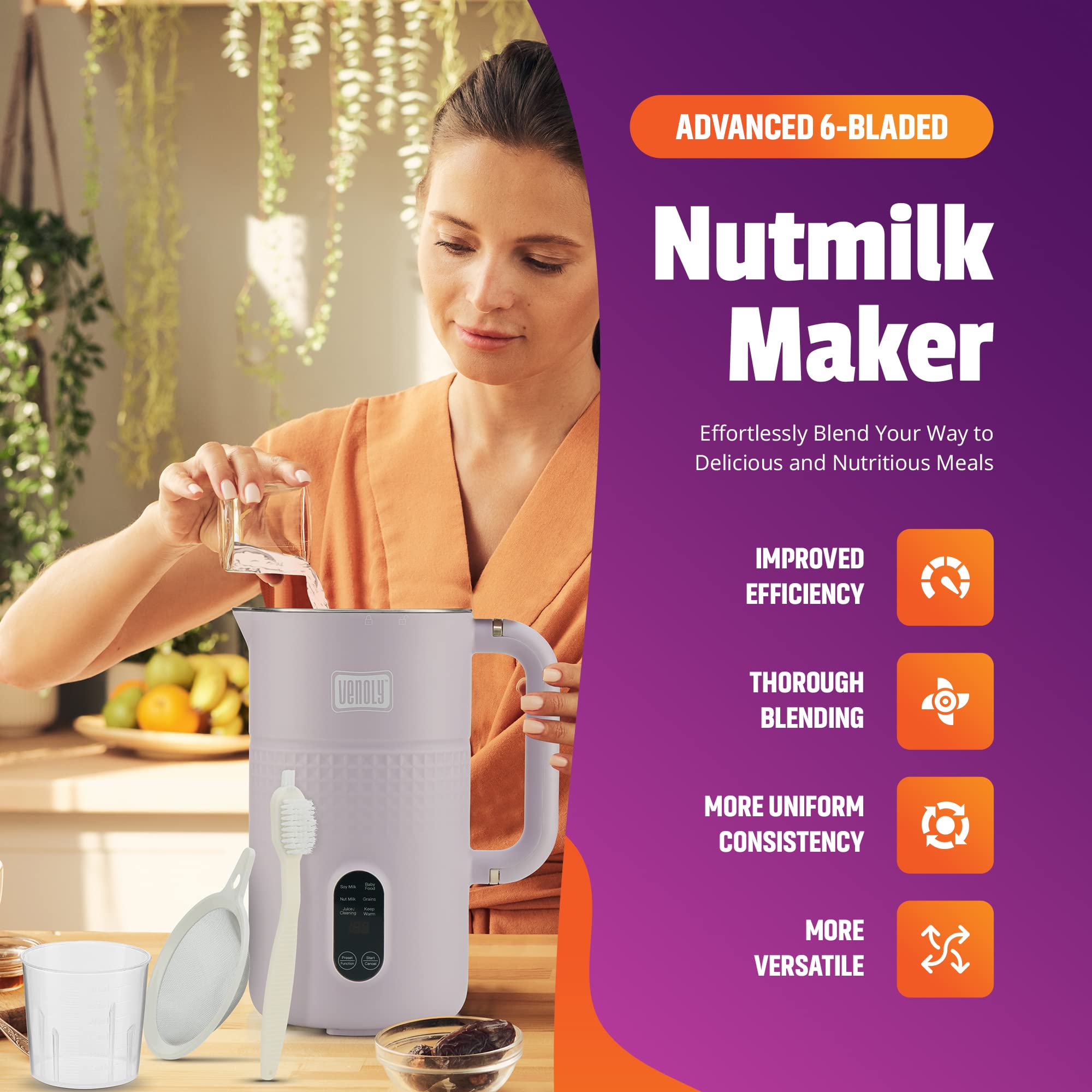 Venoly Nut Milk Maker Machine - Convenient Nut Milk Machine for Homemade Plant-Based and Dairy-Free Beverages | Nut and Soy Milk Maker with Stainless Steel Blades Produces Up To 5.5 Cups (Purple)