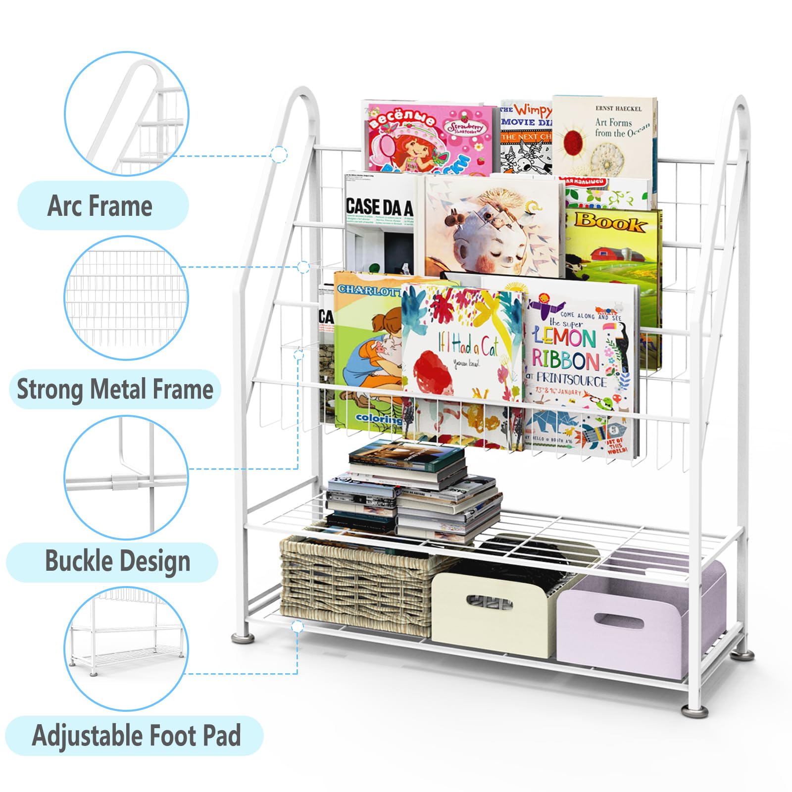 Azheruol Kids Bookshelf Freestanding for Children Room 32 Inches White Metal Bookcase Large Capacity Books Toys Organizer Stable 5 Tiers Kids Book Rack for Playroom Bookstore Library.