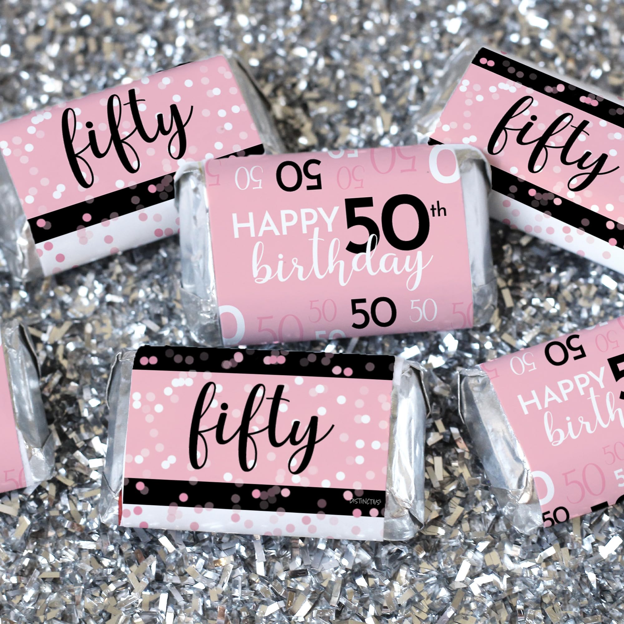 DISTINCTIVS Pink, Black, and White 50th Birthday Party Mini Candy Bar Wrappers - 45 Count, Pink Birthday Decorations for Women