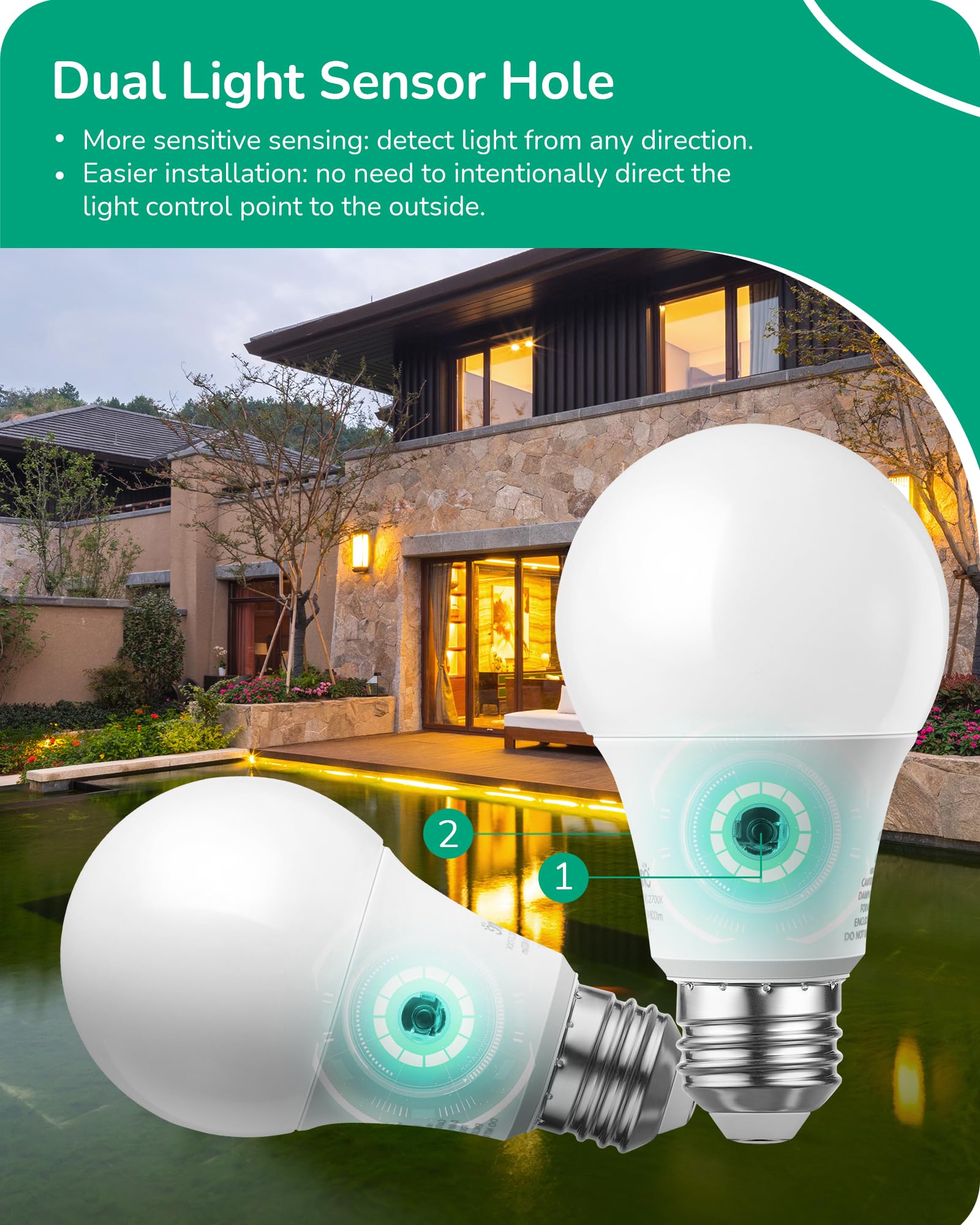 EDISHINE Dusk to Dawn Light Bulbs Outdoor, A19 LED Light Bulb 2700K Warm White, 9W Equivalent 60W, Automatic On/Off, Dual External Sensor, 800LM Bright Light Bulb, E26 Base, 4 Pack, UL Listed