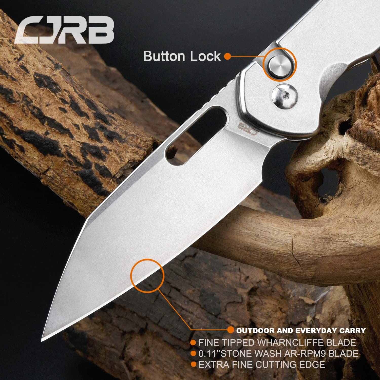 CJRB Pyrite-Alt (J1925A) Folding Pocket Knife with 3.11'' Stone Wash AR-RPM9 Wharncliffe Blade Steel Handle,Button Lock EDC Knife for Tactical,Outdoor,Hiking and Gift