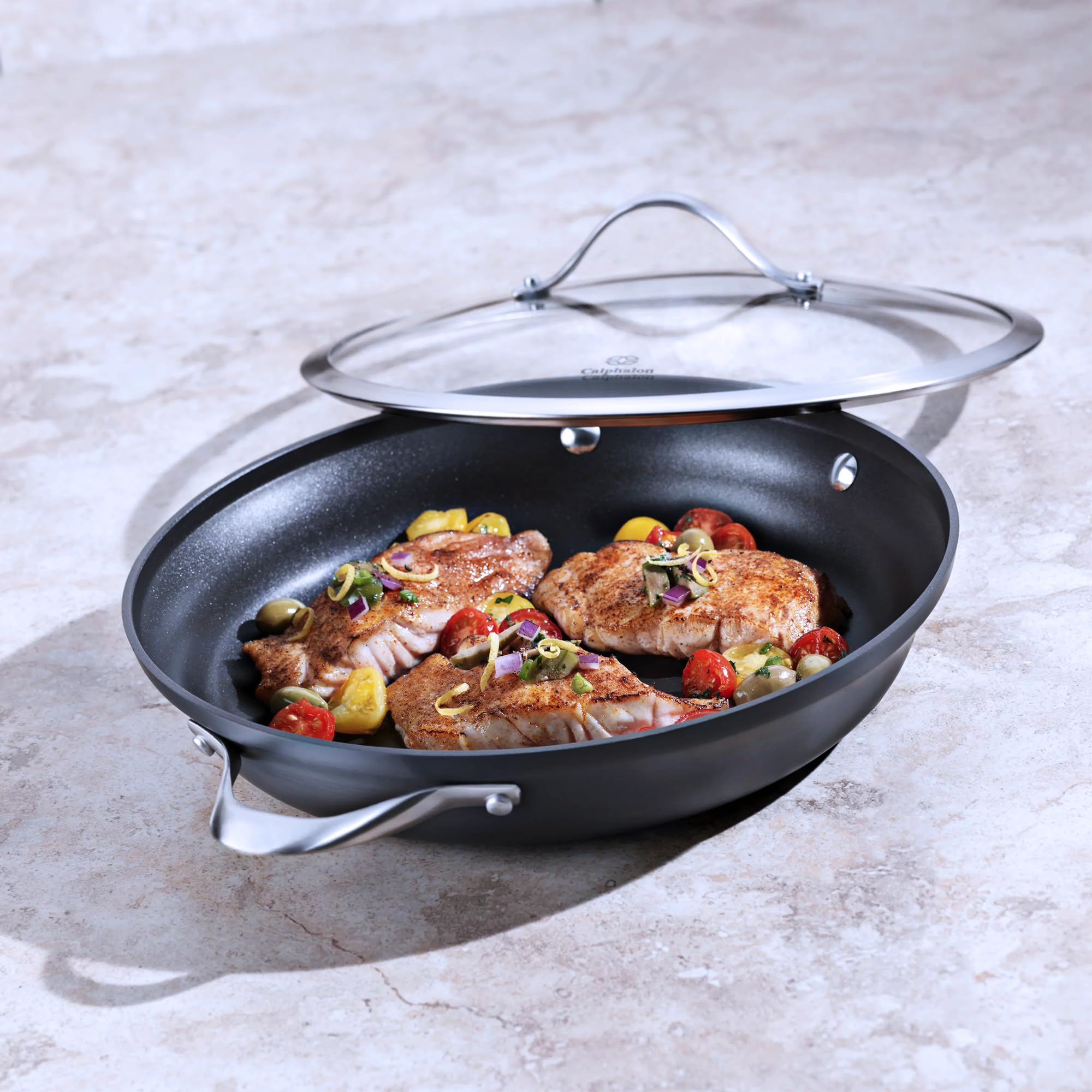 Calphalon Premier Space Saving 12 Inch Everyday Pan with Lid, Hard Anodized Nonstick Cookware, MineralShield Technology, Dishwasher and Oven Safe