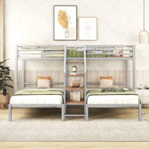 Bellemave Triple Bunk Bed with Storage Stairs Twin Over Two Twin Bunk Beds Metal Bunk Bed for 3 Kids with Storage Shelf for Three Boys Girls Teens, Silver