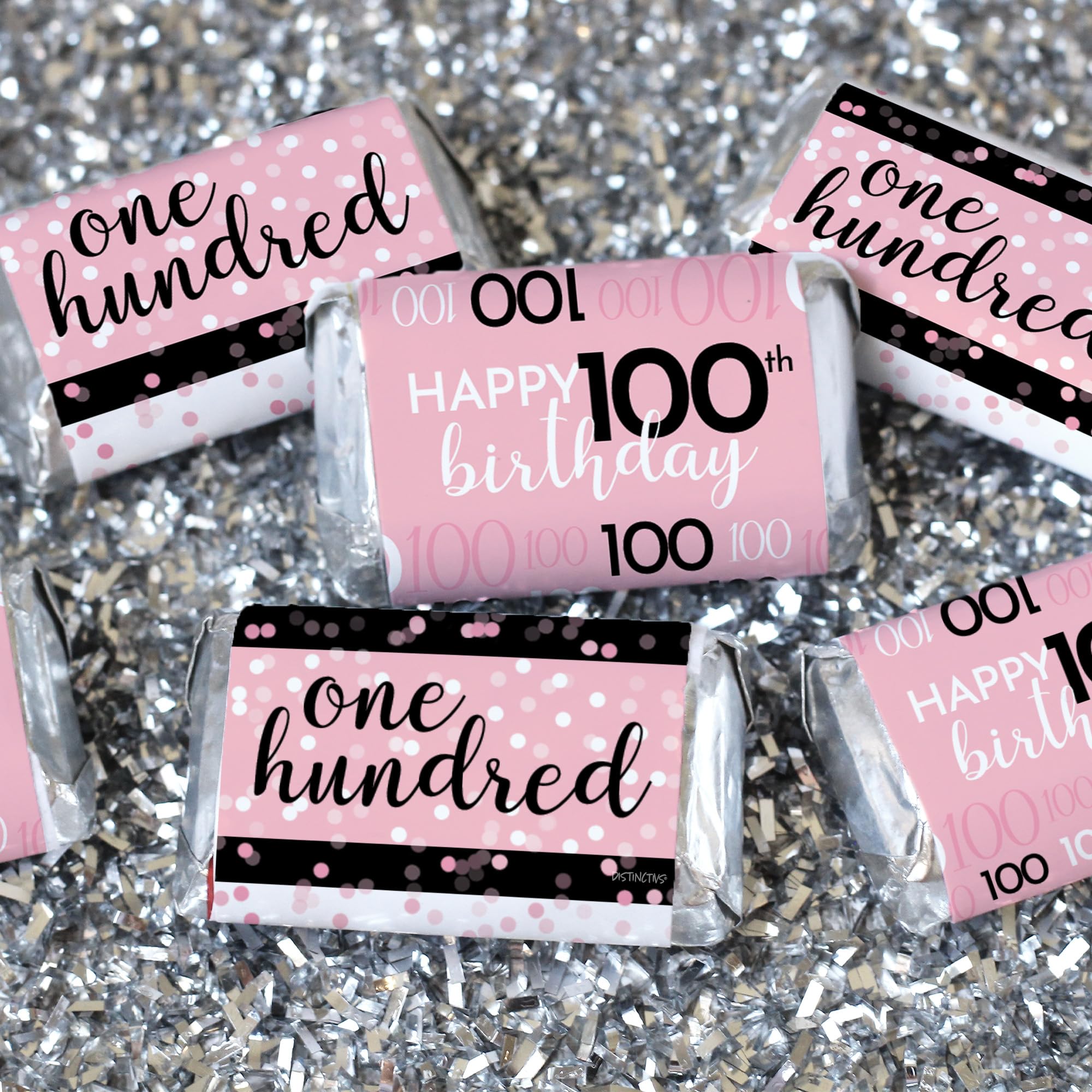 DISTINCTIVS Pink, Black, and White 100th Birthday Party Mini Candy Bar Wrappers - 45 Count - Pink Birthday Decorations for Women