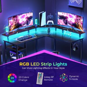 Rolanstar L Shaped Gaming Desk with LED Lights & Power Outlets, 46.2" Computer Desk with Full Monitor Stand & Storage Shelf, Corner Desk with Hooks, Black Desk Reversible