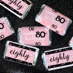 DISTINCTIVS Pink, Black, and White 80th Birthday Party Mini Candy Bar Wrappers - 45 Count, 80th Birthday Decorations for Women