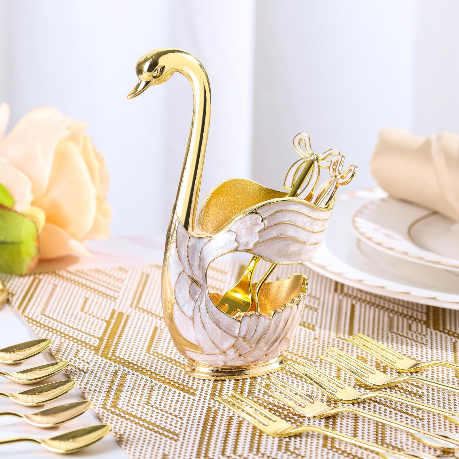 Gold Swan Base Holder,Table Decorative Swan Dessert Spoons Organizer Base Spoons Holder with 6pcs Coffee Spoon set,Elegant Gold Dessert Spoons,Premium Zinc Alloy Swan Base Spoon Organizer (Gold)