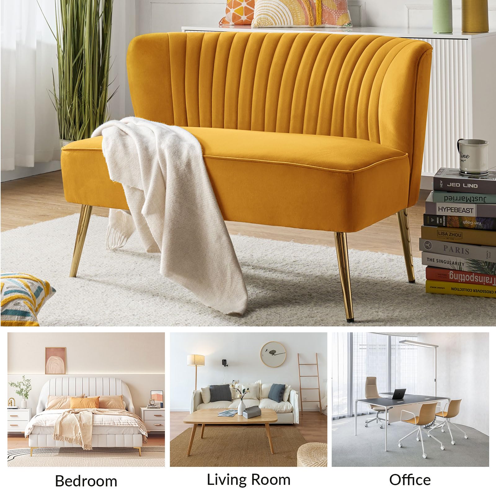 HULALA HOME Velvet Loveseat Sofa with Gold Legs, Mid-Century Modern Upholstered Love seat Couch, Tufted Small 2-Seat Sofa Armless for Living Room, Bedroom, Apartment Small Spaces, Mustard