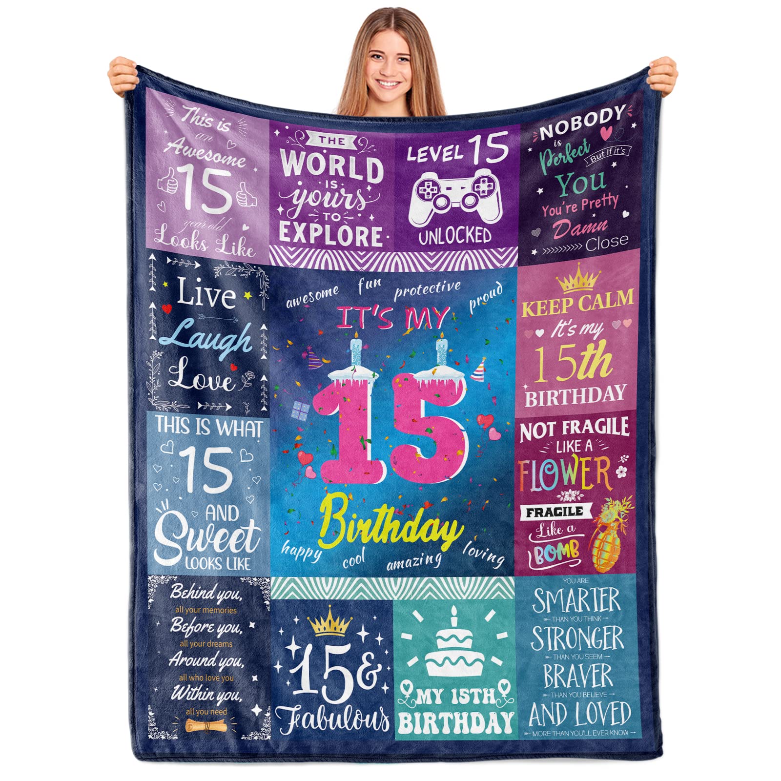 Paready 15th Birthday Presents for Girls Throw Blanket 50"x60" 15 Year Old Girl Birthday Present Soft Blanket for Couch Bed 15th Birthday Decorations for Girls Best Teenage Girl Presents